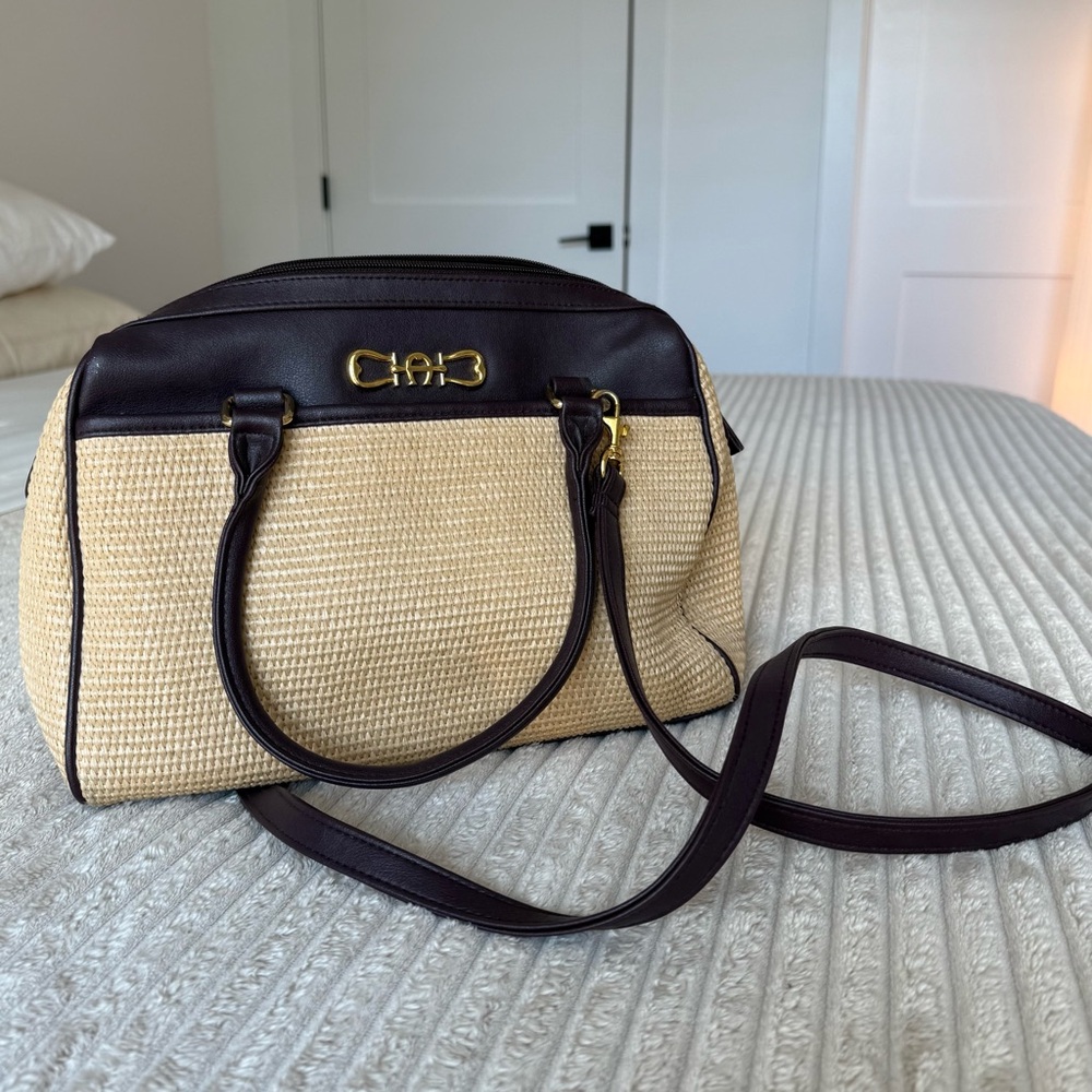 Brown and Tan woven and leather purse ETIENNE AIGNER crossbody zipper purse